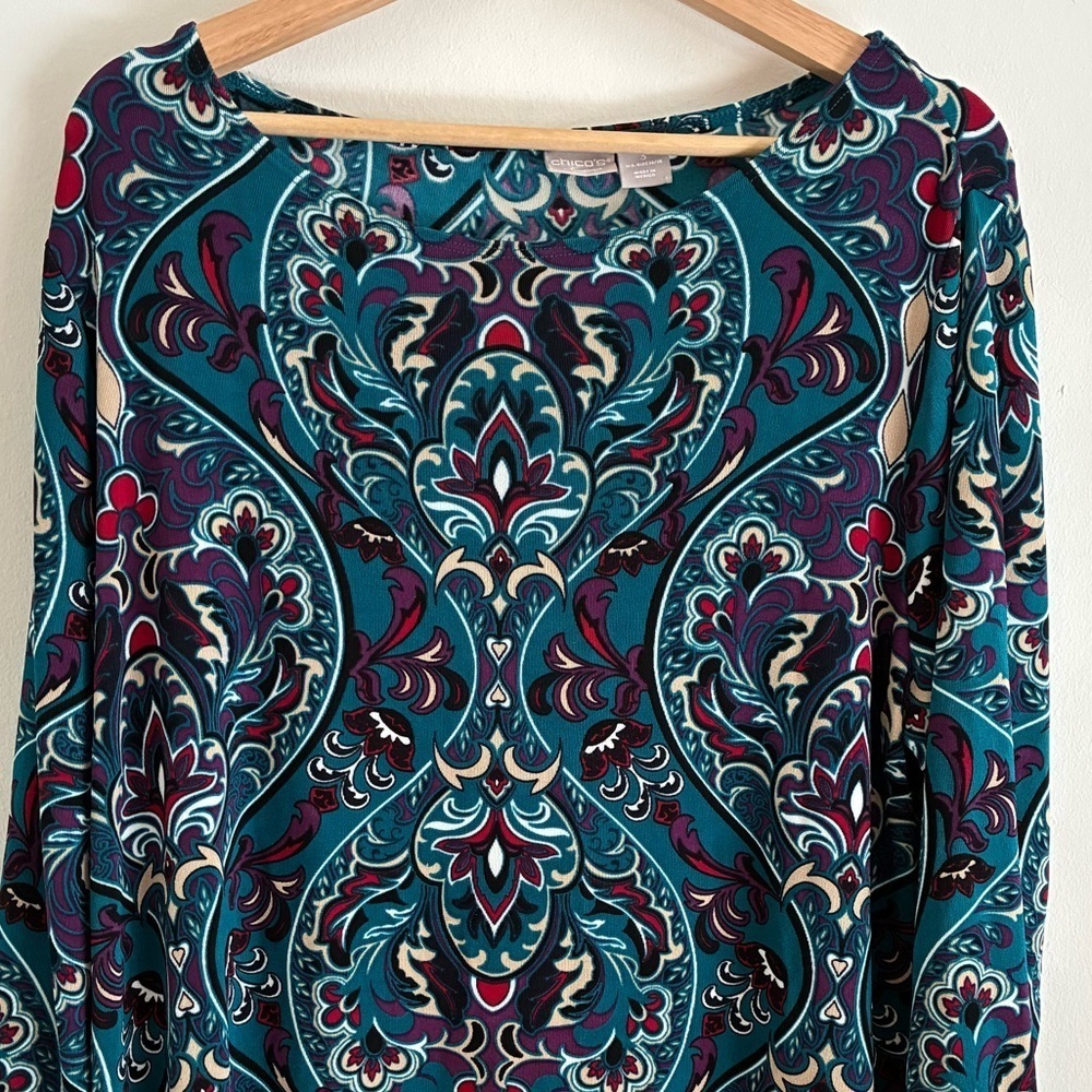 Chicos Travelers Top 3/XL Blue Paisley Tunic Wrinkle Free Flowy Stretch - Picture 6 of 9